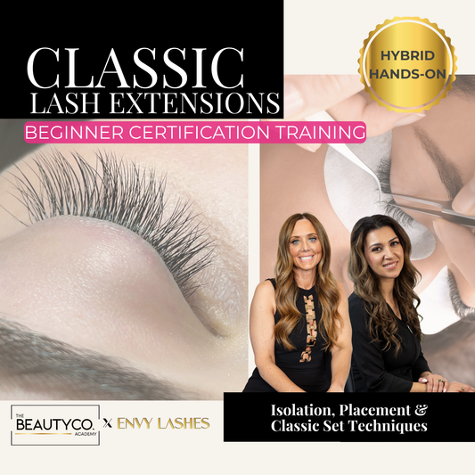 Advertisement for classic lash extensions certification training with images of lash extensions and two women.